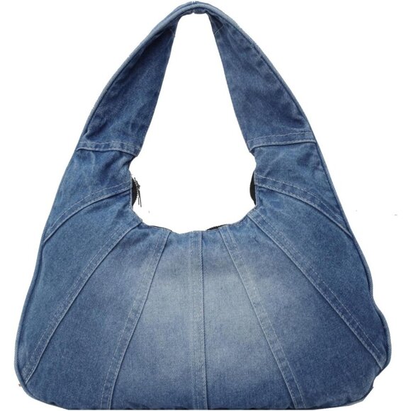 Handbags - Denim Hobo Tote Bag Women Zipper Closure Multi-Purpose Casual Fashion